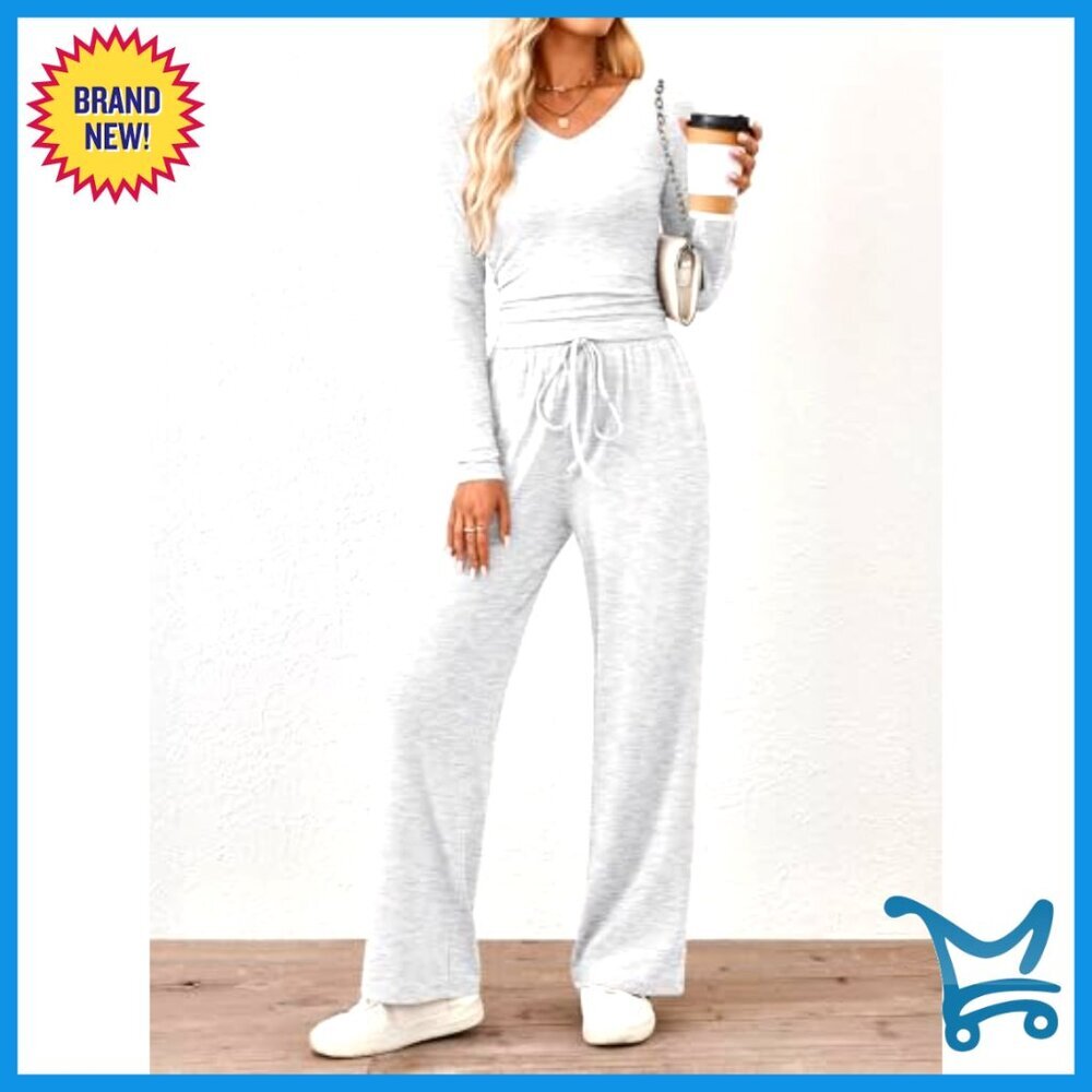 Soft Rayon Lounge Set Long Sleeve Shirt Wide Leg Pants Business Casual - Picture 2 of 5